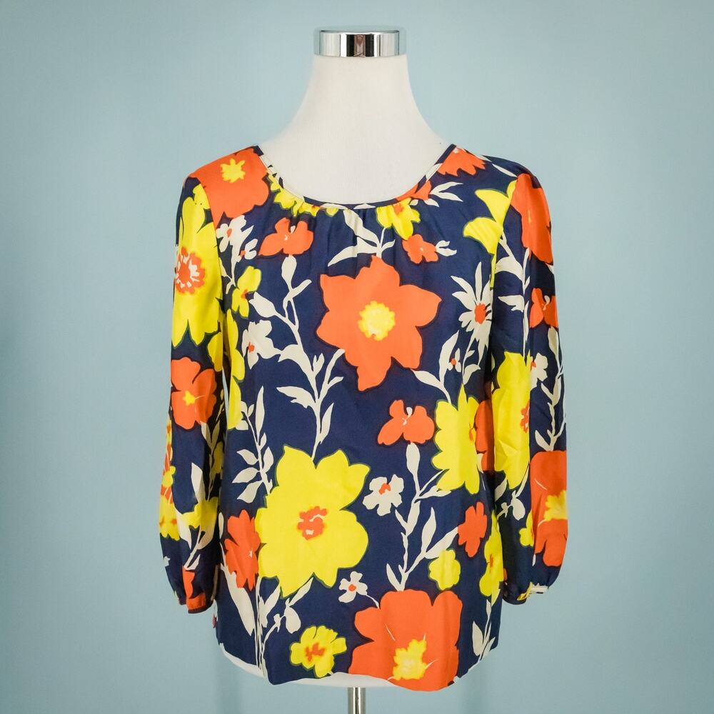 J. Crew Size 2 Vintage Floral Print Tie Keyhole Back 3/4 Sleeve Silk Top Blouse